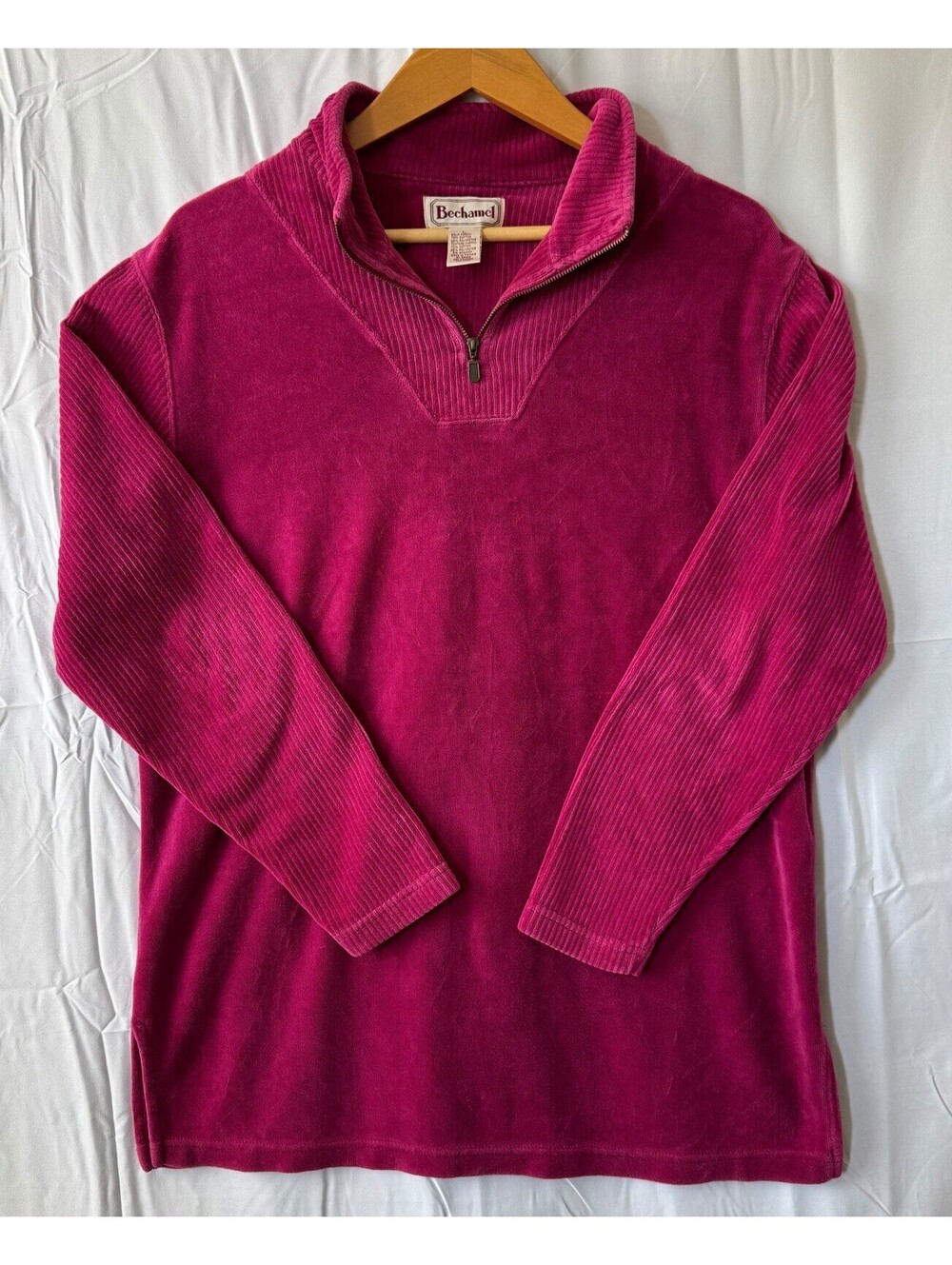 Bechamel Top L Fuchsia Magenta Velvet Velour 1/4 Zip Pullover Sweater
